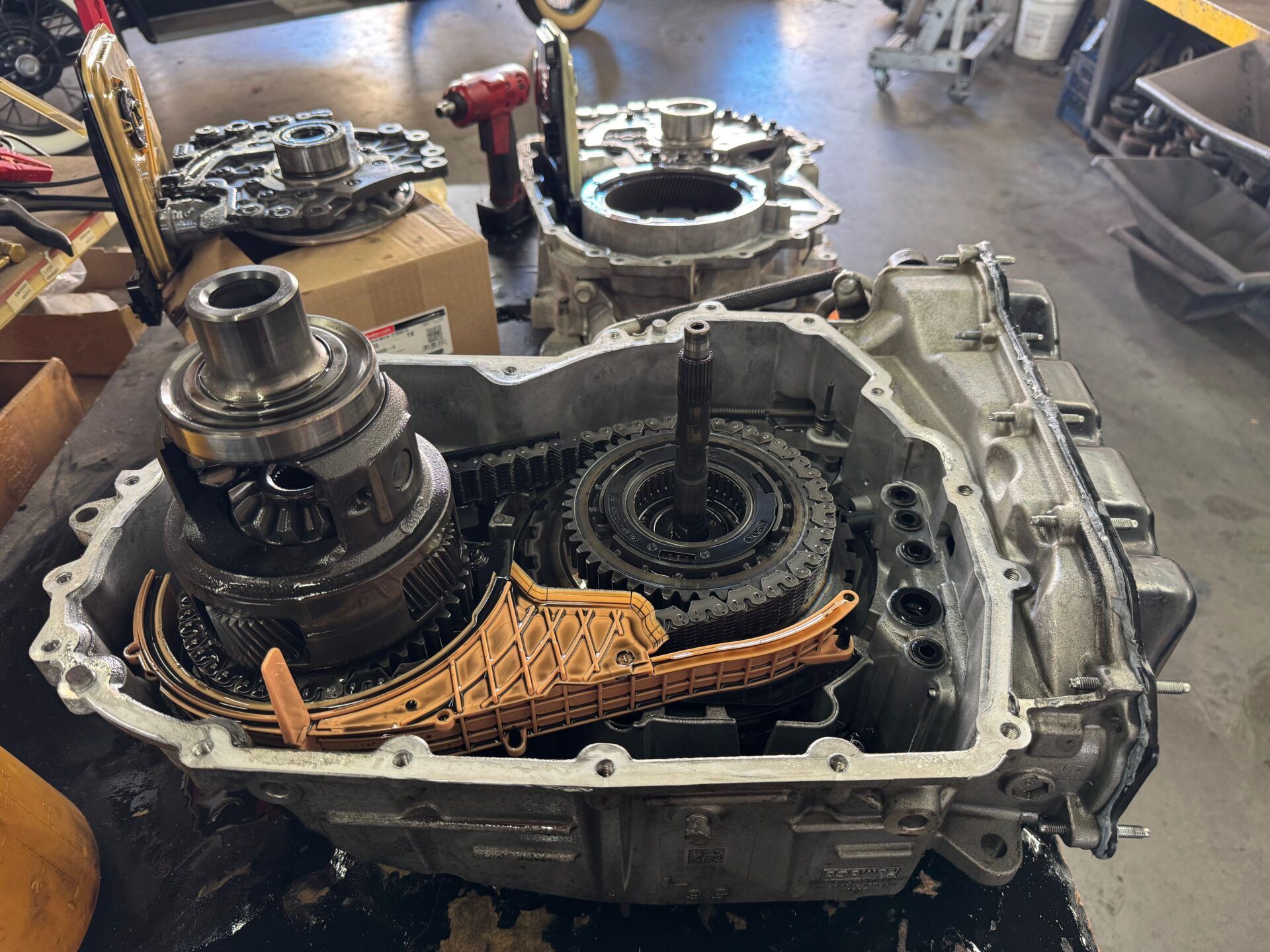 A transmission that has been disassembled.