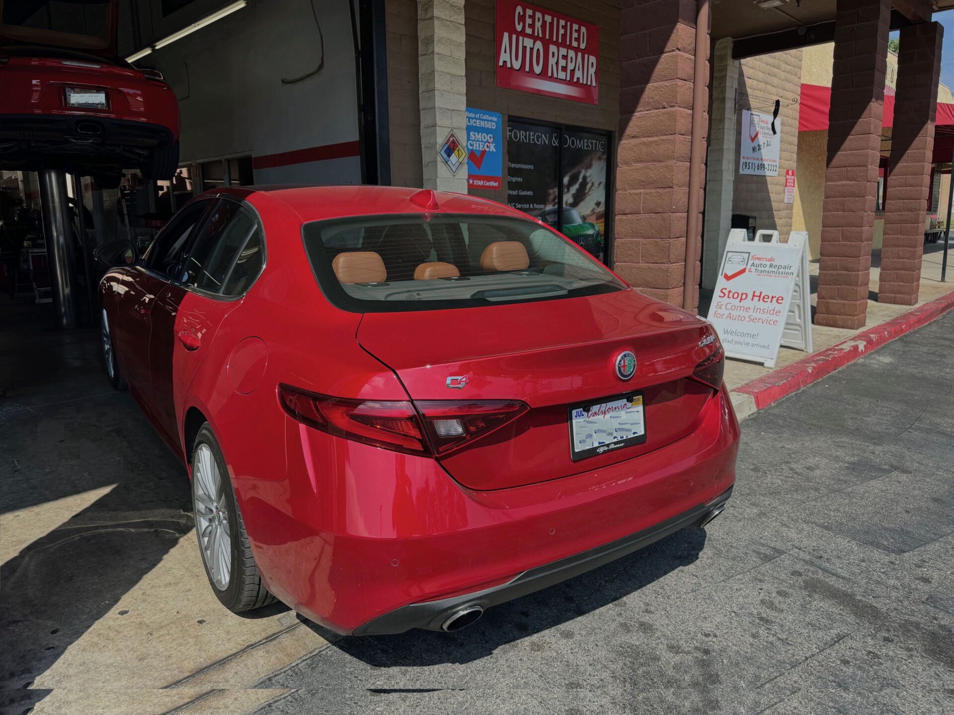 Alfa Romeo Giulia Ti at Temecula Auto repair | Temecula Auto Repair & Transmission Alfa Romeo Giulia Ti parked awaiting service at Temecula Auto Repair & Transmission