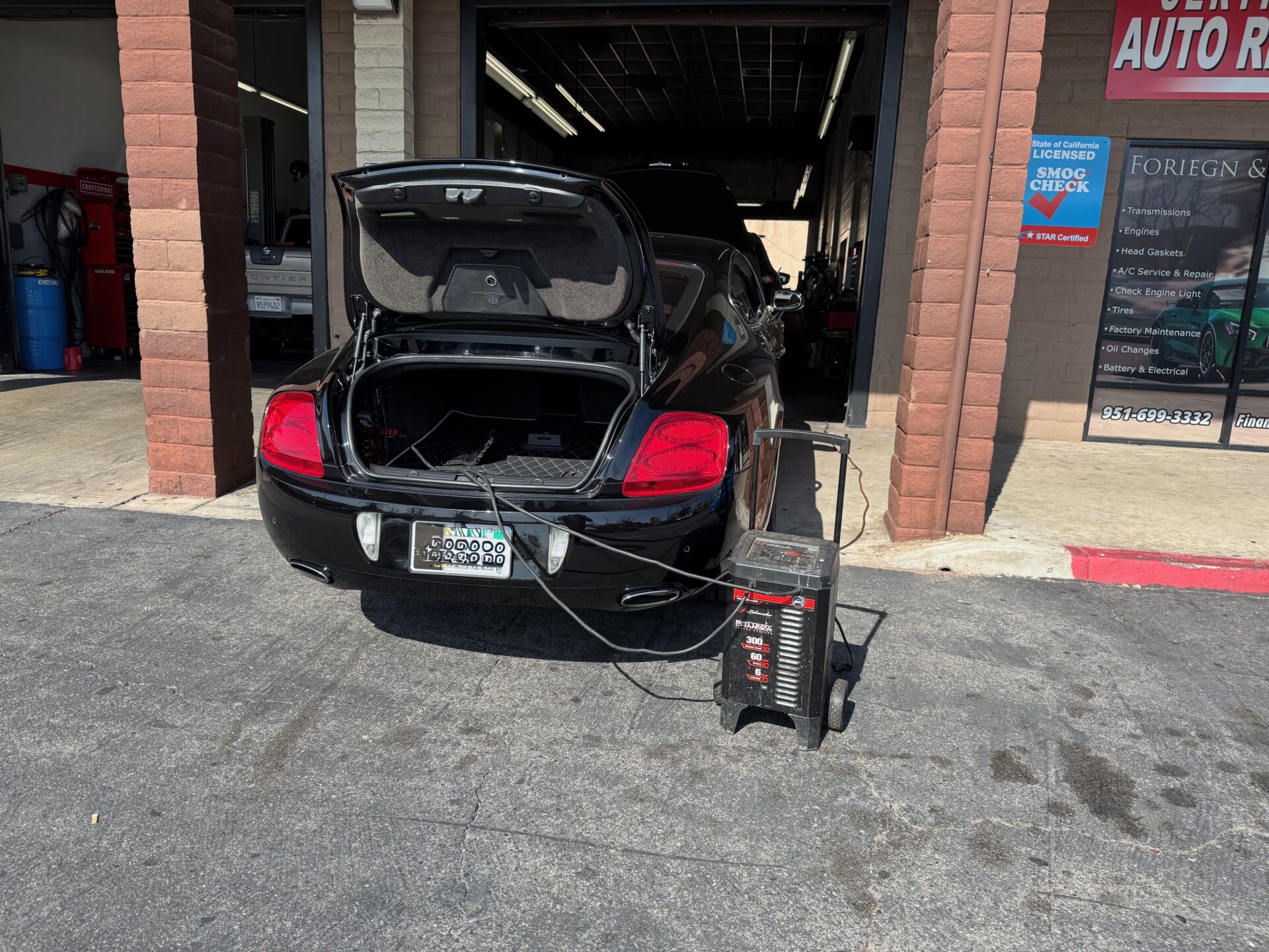 Bentley Battery Repair at Temecula Auto Repair Transmission | Temecula Auto Repair & Transmission A Bentley Continental GT W12 in the process of Electrical Diagnosis at Temecula Auto Repair & Transmissison