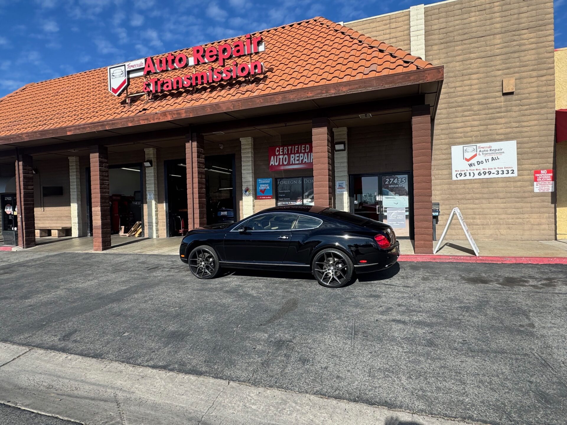 Bentley Continental GT Service at Temecula Auto Repair Transmission | Temecula Auto Repair & Transmission A black Bentley Continental GT is in for Service at Temecula Auto Repair Transmission