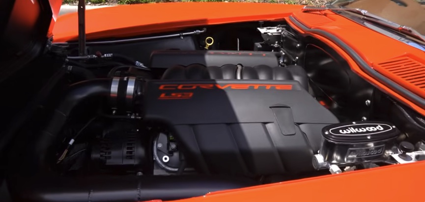 C2 Corvette Resto-mod | Temecula Auto Repair & Transmission Under the hood of a C2 Corvette Resto-mod, showing LS Engine.