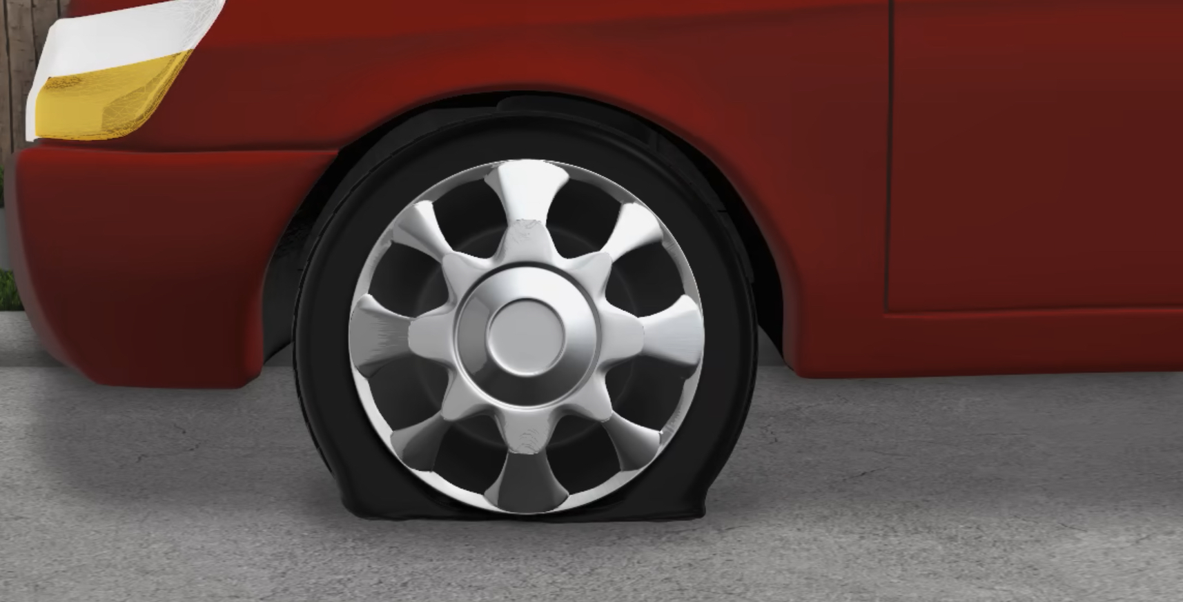Cartoon image of a car with a flat tire.