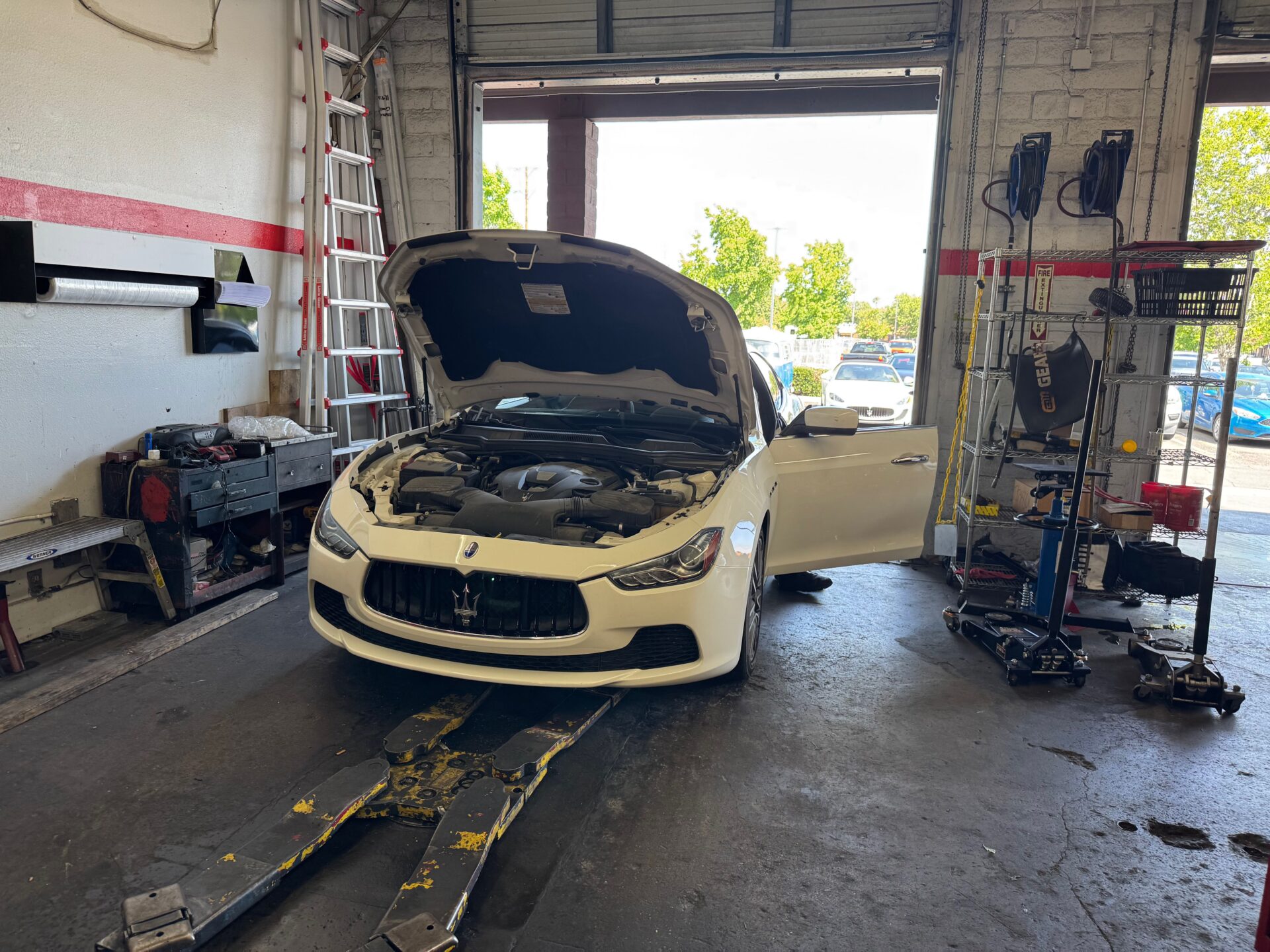 Maserati Check Engine Light Repair in Temecula and Murrieta | Temecula Auto Repair & Transmission A Maserati Ghibli in the shop for repairs.