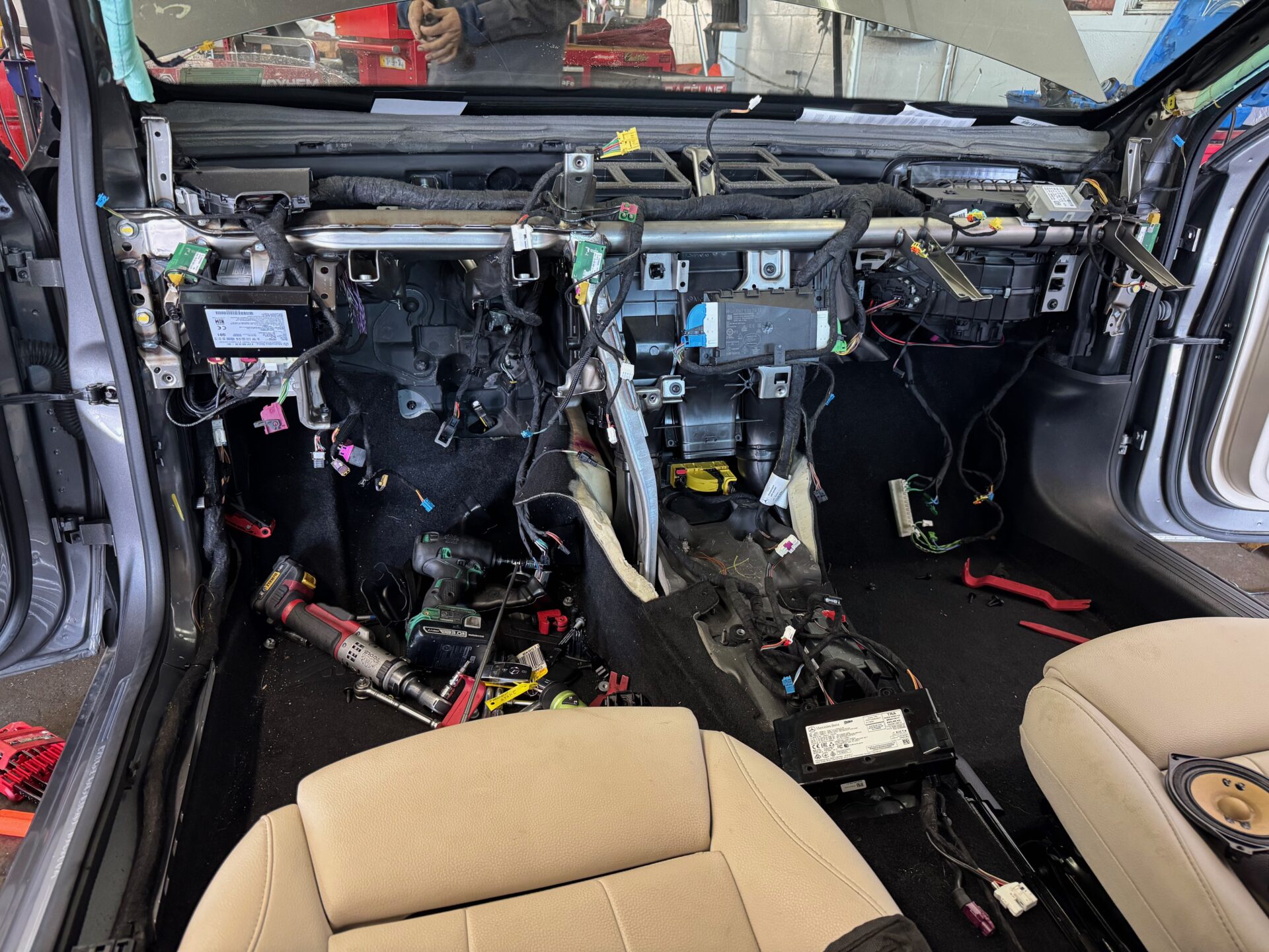 Mercedes Benz Electrical Repair in Temecula & Murrieta | Temecula Auto Repair & Transmission The dashboard is removed from a Mercedes-Benz CLA-250 for access to electrical repairs.