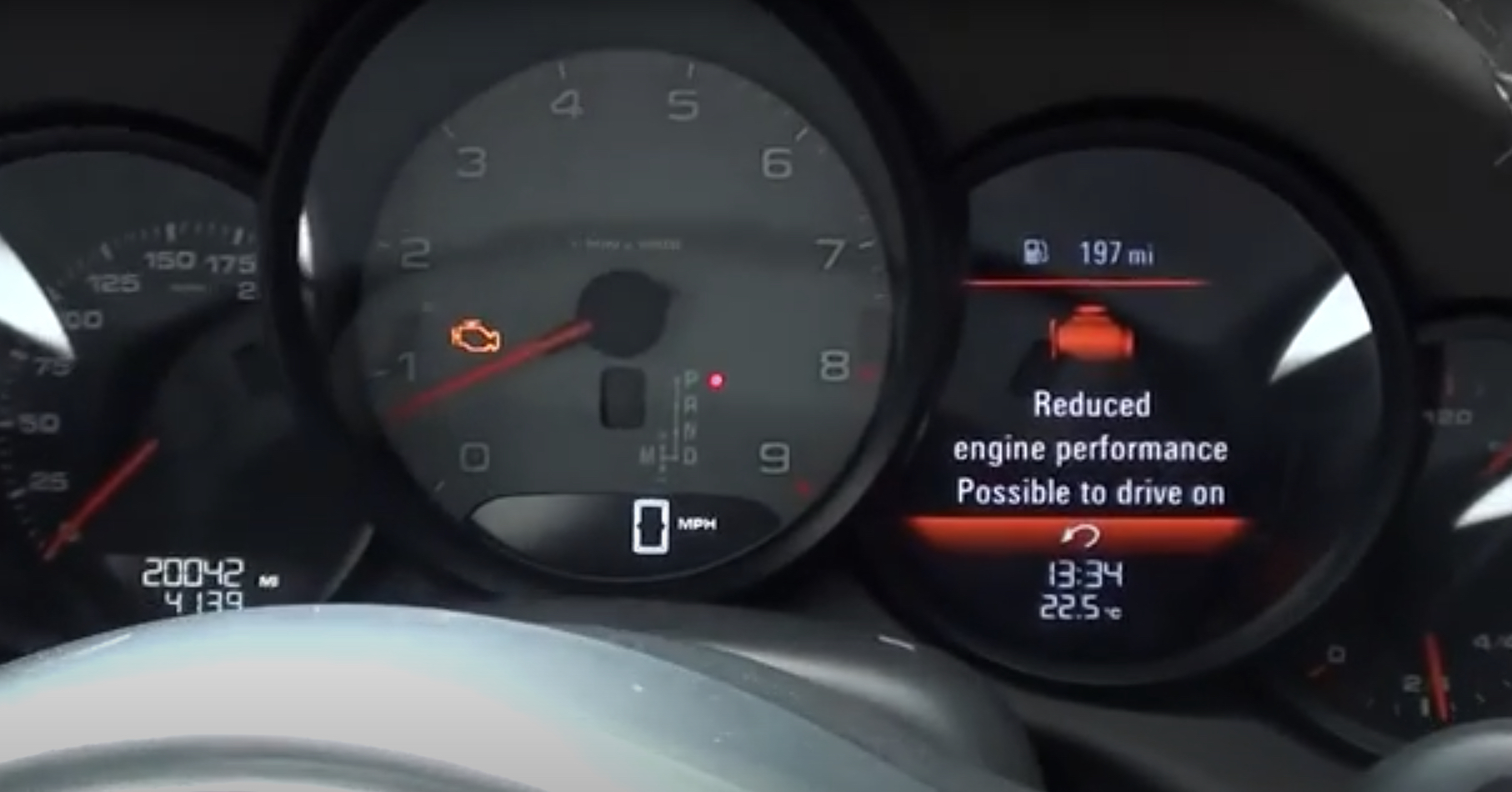 Porsche Check Engine Light | Temecula Auto Repair & Transmission Instrumentation on a Porsche, showing the Check Engine Light illuminated.