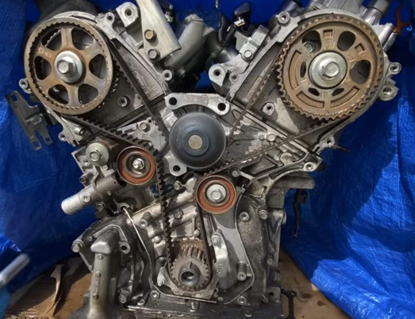 An engine on a bench with its timing cover removed, showing the Timing Belt