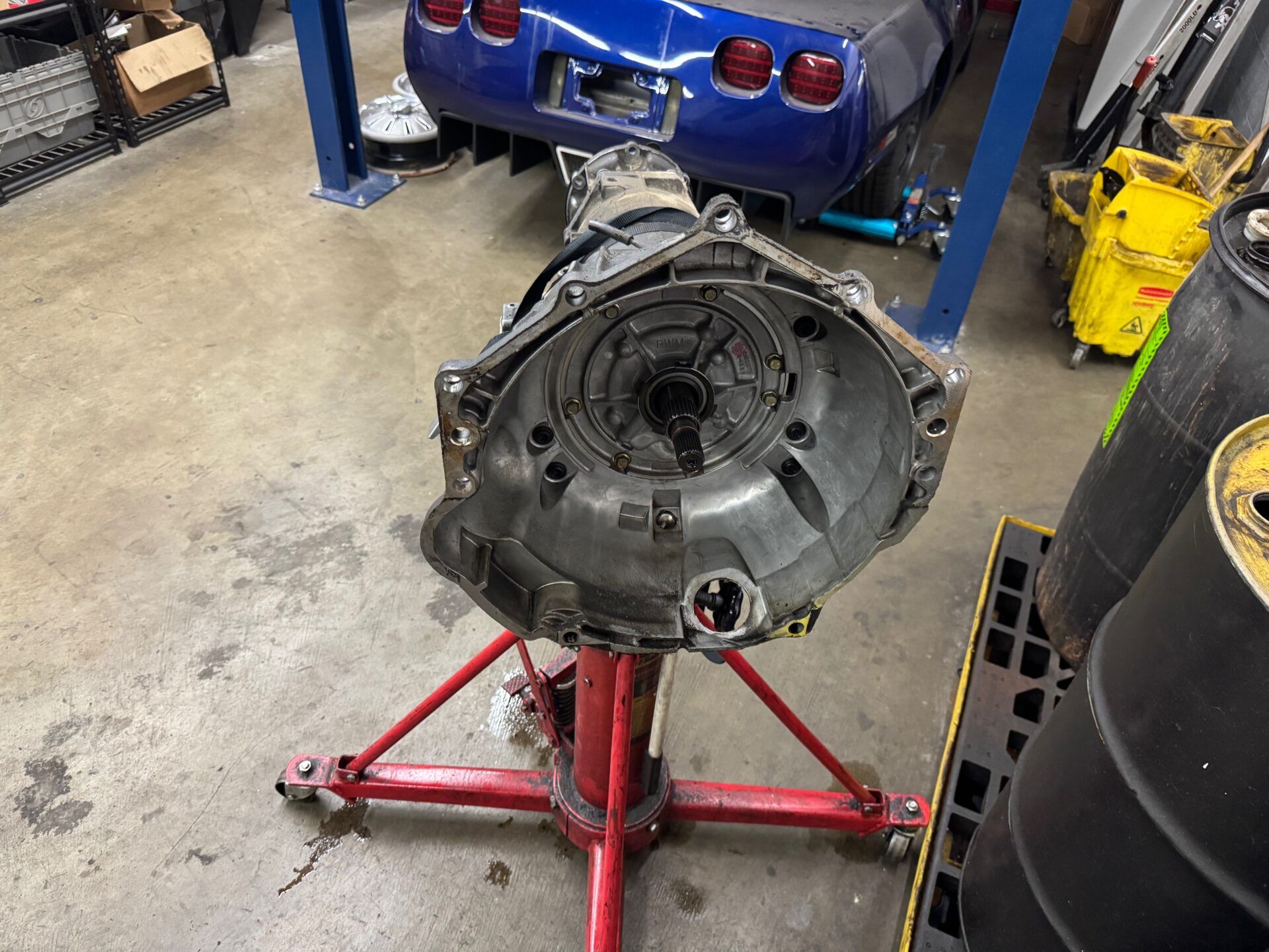 A transmission removed from a vehicle for overhaul.